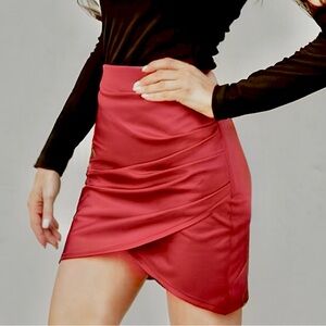 Shinestar Faux Leather/Pleather Ruched Tulip Mini Skirt, Red/Burgundy, Large